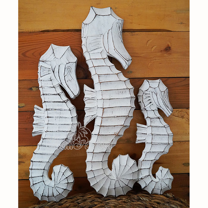 Wooden Sea Horse Set Of 3, Hand Carved From Albesia Wood