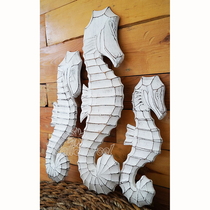 Wooden Sea Horse Set Of 3, Hand Carved From Albesia Wood