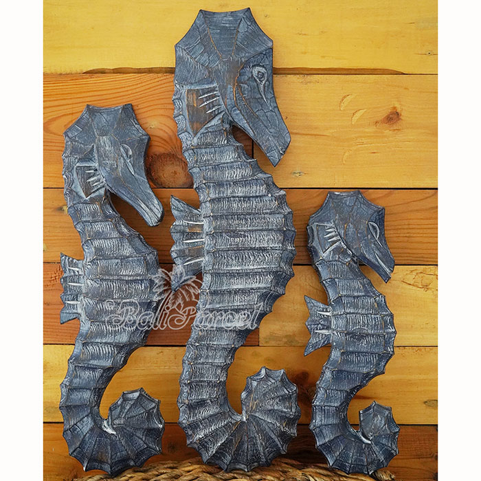 Wooden Sea Horse Set Of 3, Hand Carved From Albesia Wood