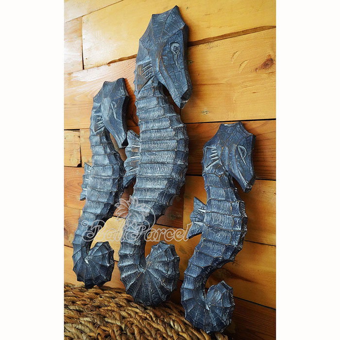 Wooden Sea Horse Set Of 3, Hand Carved From Albesia Wood