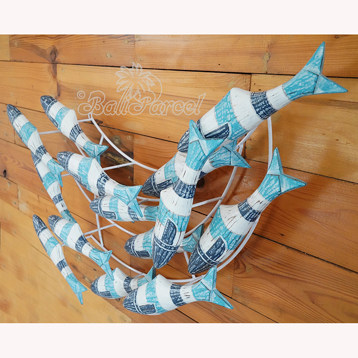 Wooden Fishs On Wire With Painted, Handmade From Albesia Wood