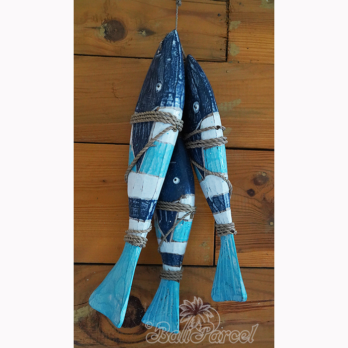 Wooden Wall Hanging 3 Fish On String, Handmade From Albesia Wood