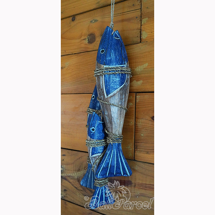 Wooden Wall Hanging 3 Fish On String, Handmade From Albesia Wood