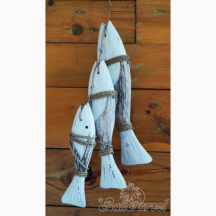 Wooden Wall Hanging 3 Fish On String, Handmade From Albesia Wood