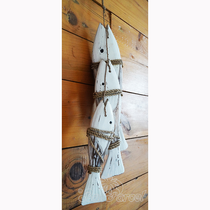 Wooden Wall Hanging 3 Fish On String, Handmade From Albesia Wood