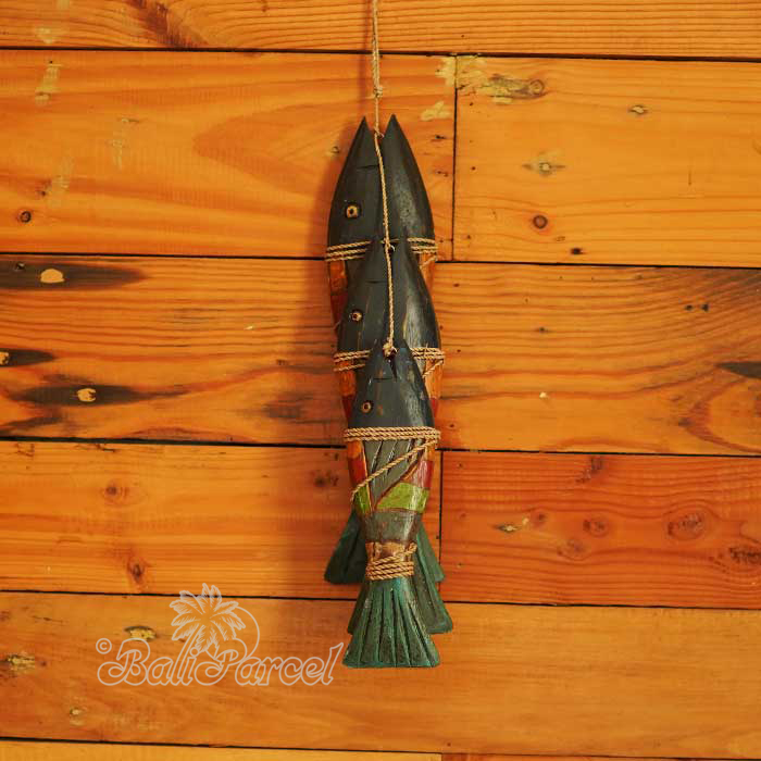 Wooden Wall Hanging 3 Fish On String, Handmade From Albesia Wood