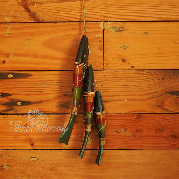 Wooden Wall Hanging 3 Fish On String, Handmade From Albesia Wood