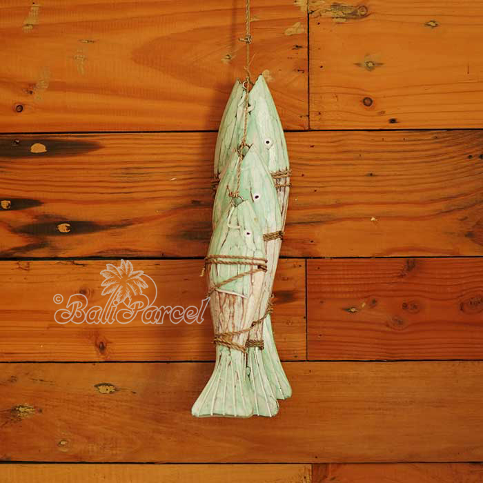 Wooden Wall Hanging 3 Fish On String, Handmade From Albesia Wood