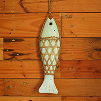 Wooden Wall Hanging Fish On String, Handmade From Albesia Wood