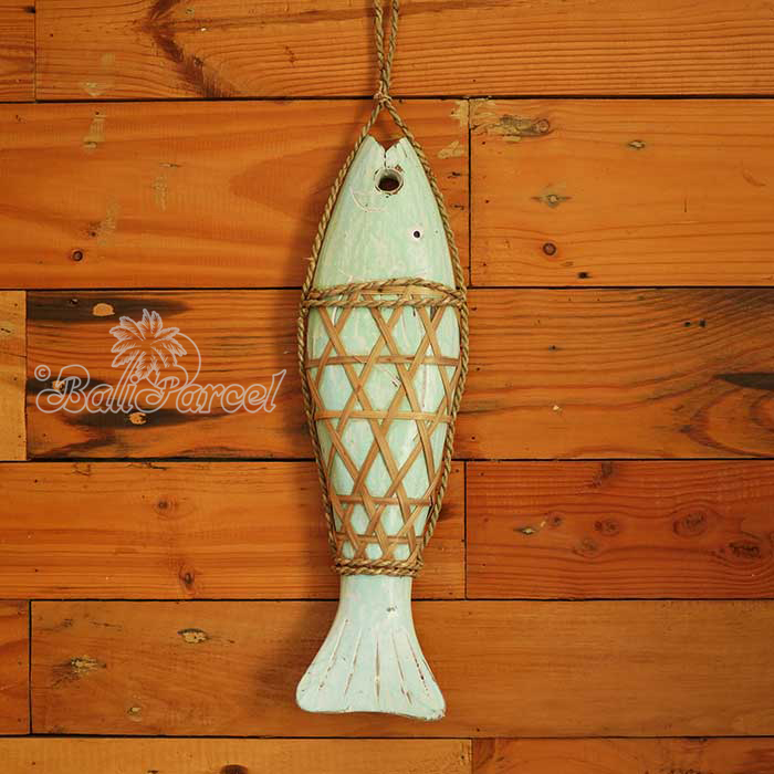 Wooden Wall Hanging Fish On String, Handmade From Albesia Wood