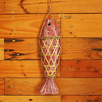 Wooden Wall Hanging Fish On String, Handmade From Albesia Wood