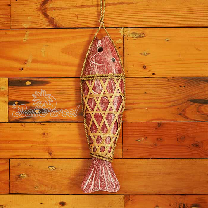 Wooden Wall Hanging Fish On String, Handmade From Albesia Wood