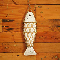 Wooden Wall Hanging Fish On String, Handmade From Albesia Wood