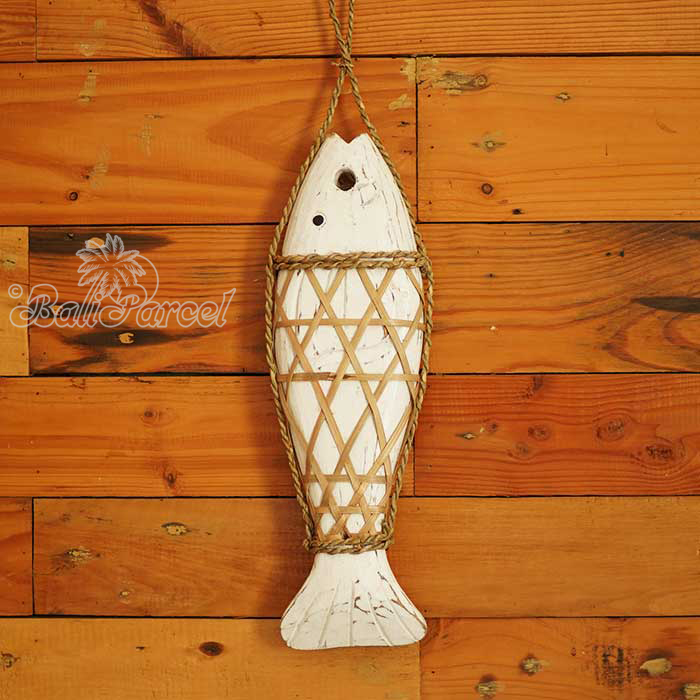 Wooden Wall Hanging Fish On String, Handmade From Albesia Wood