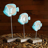 Wooden Fish Set Of 3 With Stand, Handmade From Albesia Wood