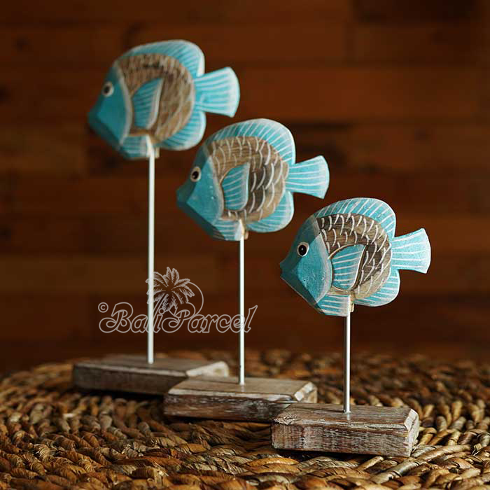 Wooden Fish Set Of 3 With Stand, Handmade From Albesia Wood