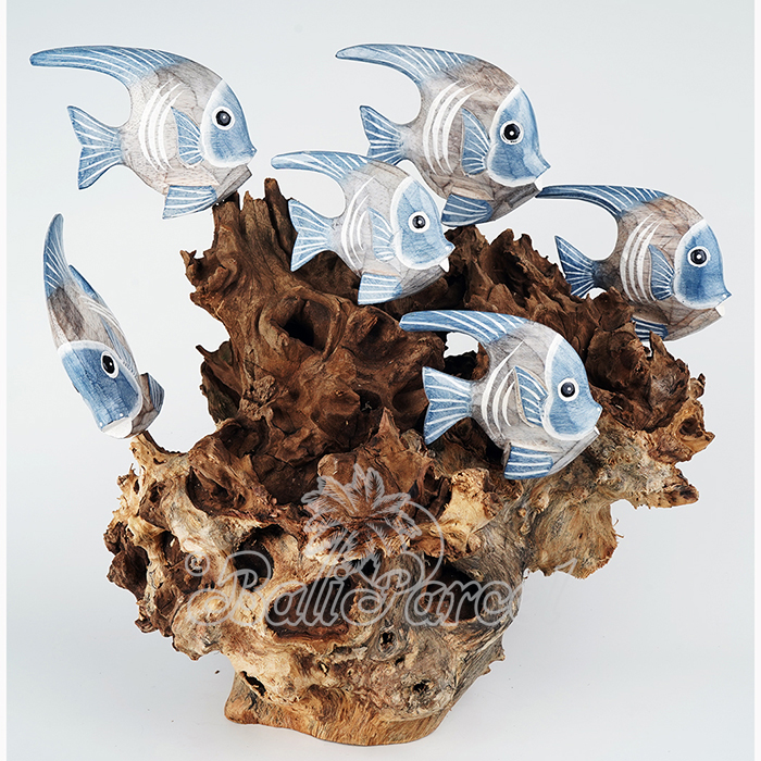 Wooden 6 Angelfish With Stand, Handmade From Albesia Wood