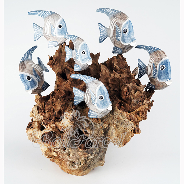 Wooden 6 Angelfish With Stand, Handmade From Albesia Wood
