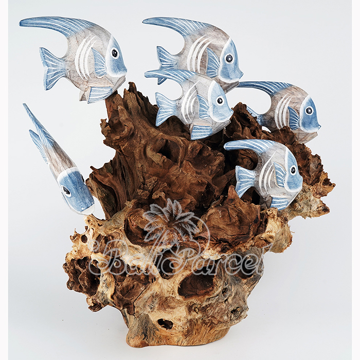 Wooden 6 Angelfish With Stand, Handmade From Albesia Wood