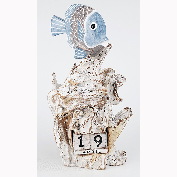 Wooden Goldfish With Calendar And Stand, Handmade From Albesia Wood