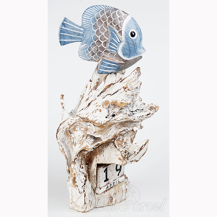 Wooden Goldfish With Calendar And Stand, Handmade From Albesia Wood