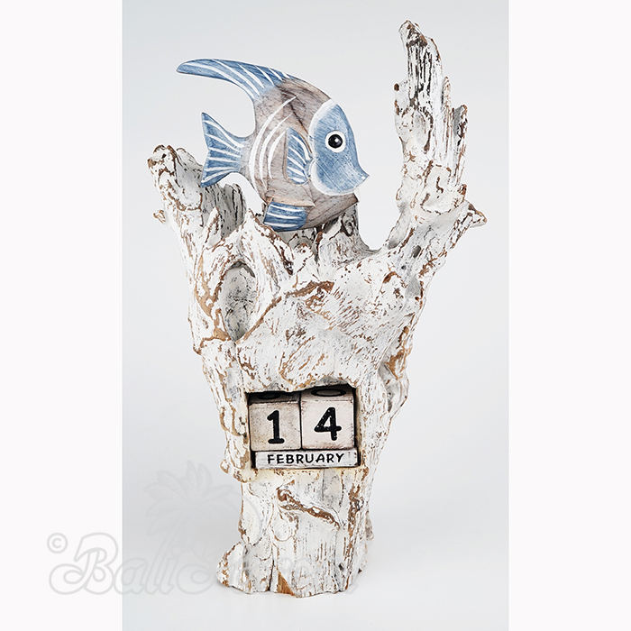 Wooden Angelfish With Calendar And Stand, Handmade From Albesia Wood