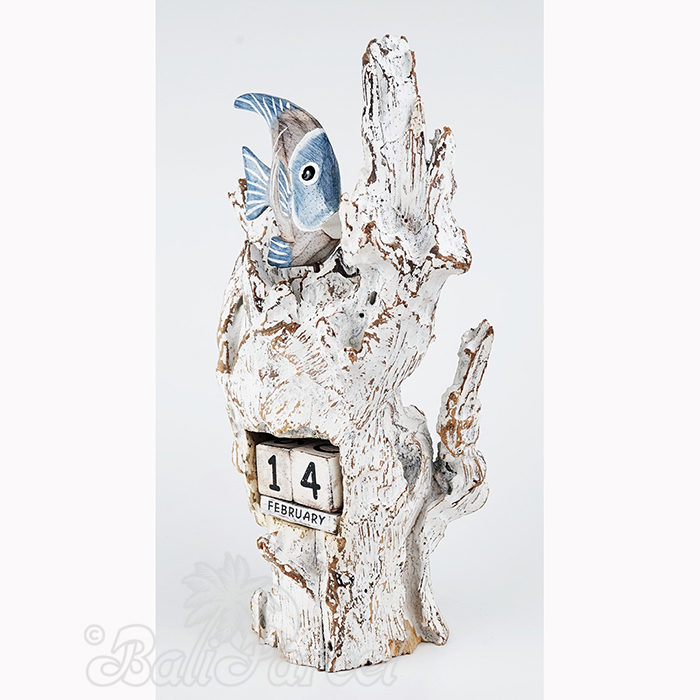 Wooden Angelfish With Calendar And Stand, Handmade From Albesia Wood