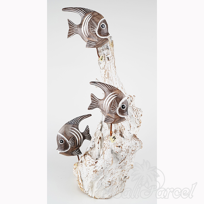 Wooden 3 Angelfish With Stand, Handmade From Albesia Wood