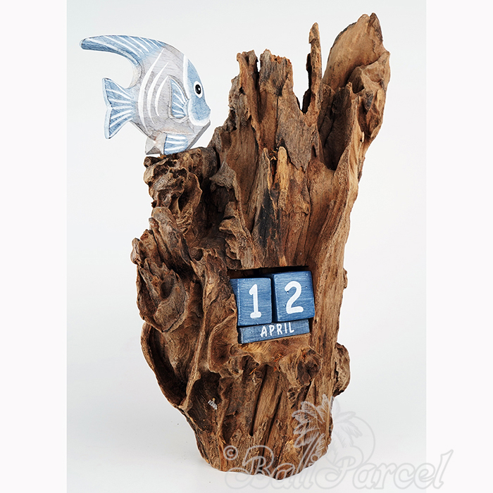 Wooden Angelfish With Calendar And Stand, Handmade From Albesia Wood