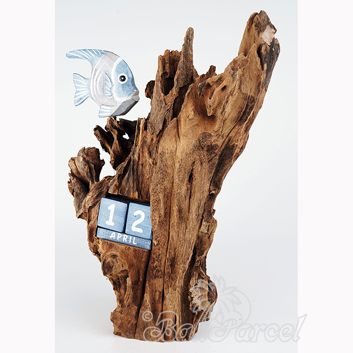 Wooden Angelfish With Calendar And Stand, Handmade From Albesia Wood