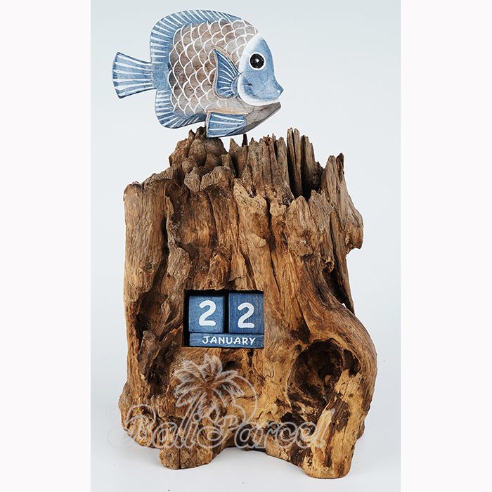 Wooden Fish With Calendar And Stand, Handmade From Albesia Wood