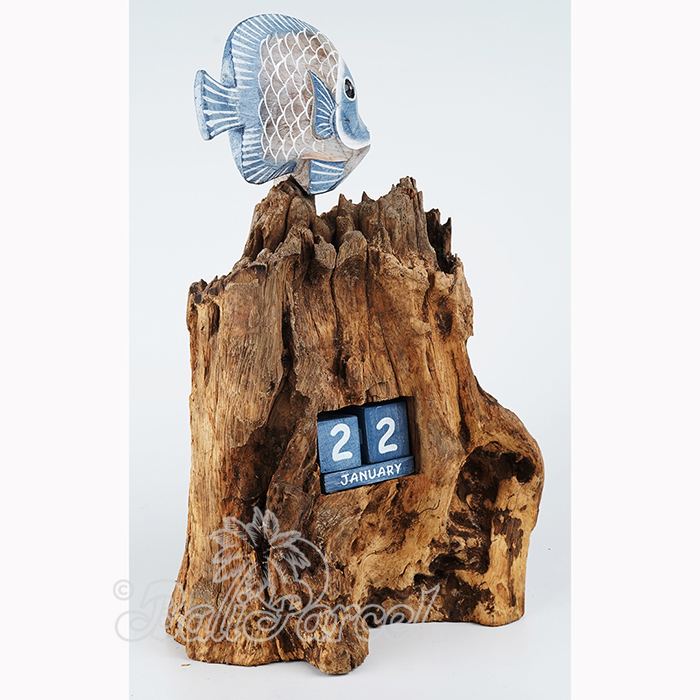 Wooden Fish With Calendar And Stand, Handmade From Albesia Wood