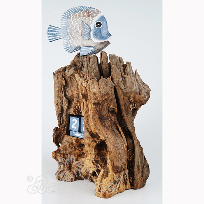 Wooden Fish With Calendar And Stand, Handmade From Albesia Wood