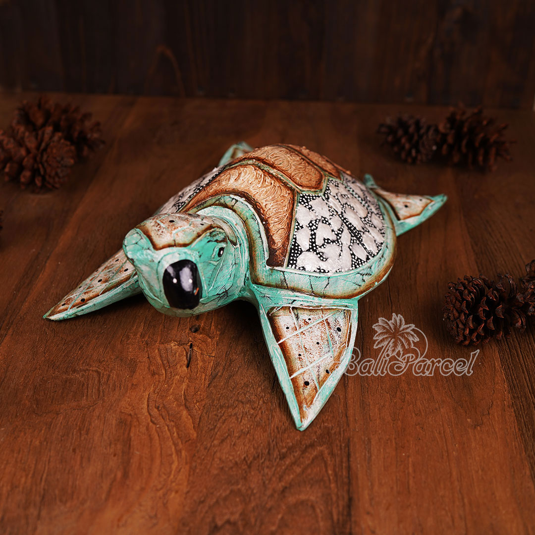 Wooden Turtle With Painted, Handmade From Albesia Wood