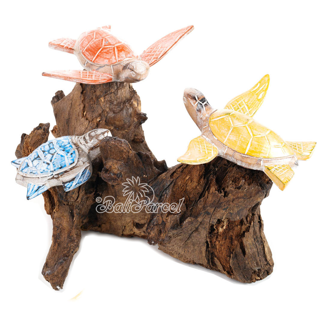 Wooden 3 Turtle With Stand, Handmade From Albesia Wood