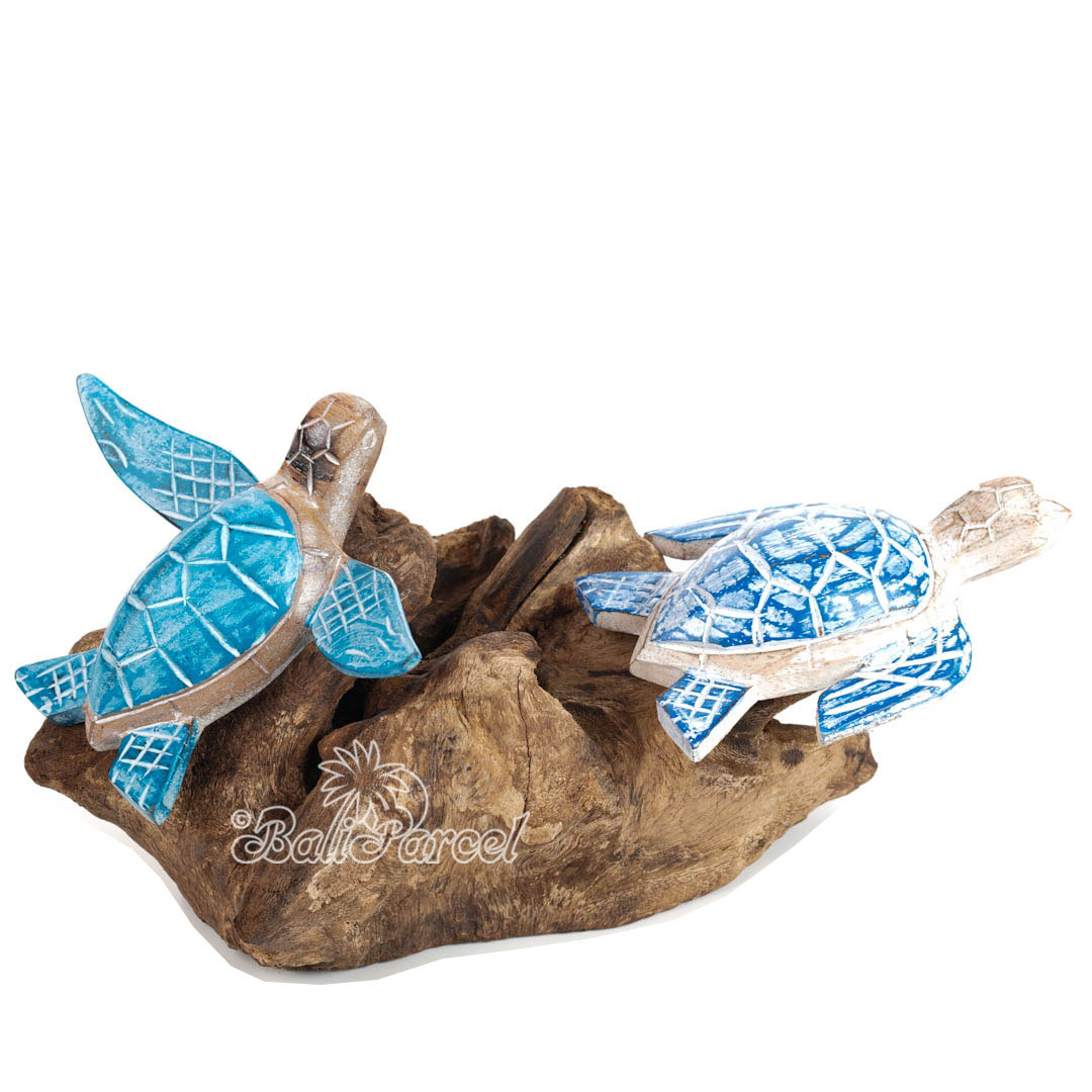 Wooden 2 Turtle With Stand, Handmade From Albesia Wood