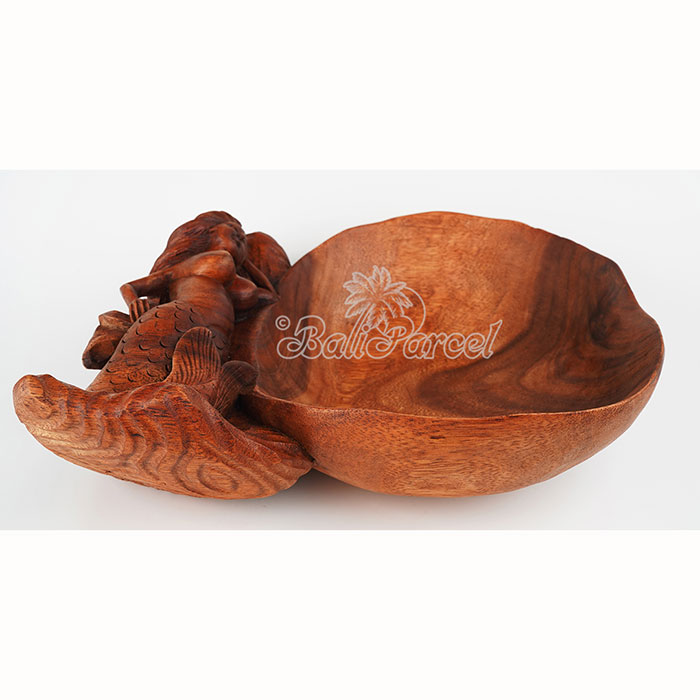 Wooden Fruit Basket With Mermaid, Handmade From Suar Wood