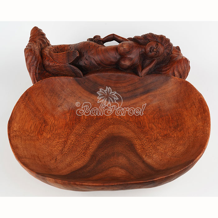 Wooden Fruit Basket With Mermaid, Handmade From Suar Wood