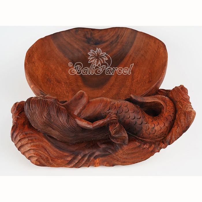 Wooden Fruit Basket With Mermaid, Handmade From Suar Wood