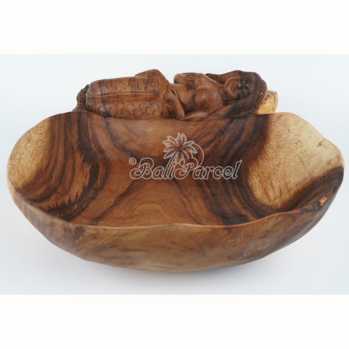 Wooden Fruit Basket With Mermaid, Handmade From Suar Wood