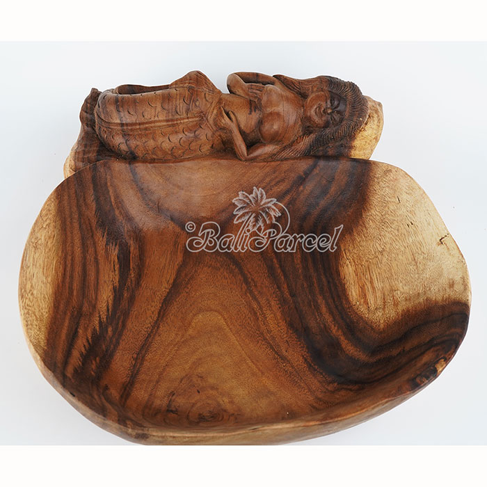 Wooden Fruit Basket With Mermaid, Handmade From Suar Wood