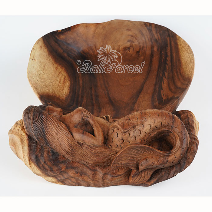 Wooden Fruit Basket With Mermaid, Handmade From Suar Wood