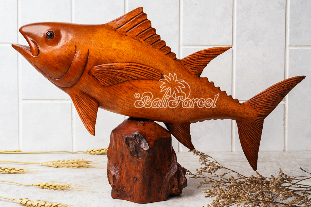 Wooden Tuna Fish With Stand, Handcarved From Suar Wood