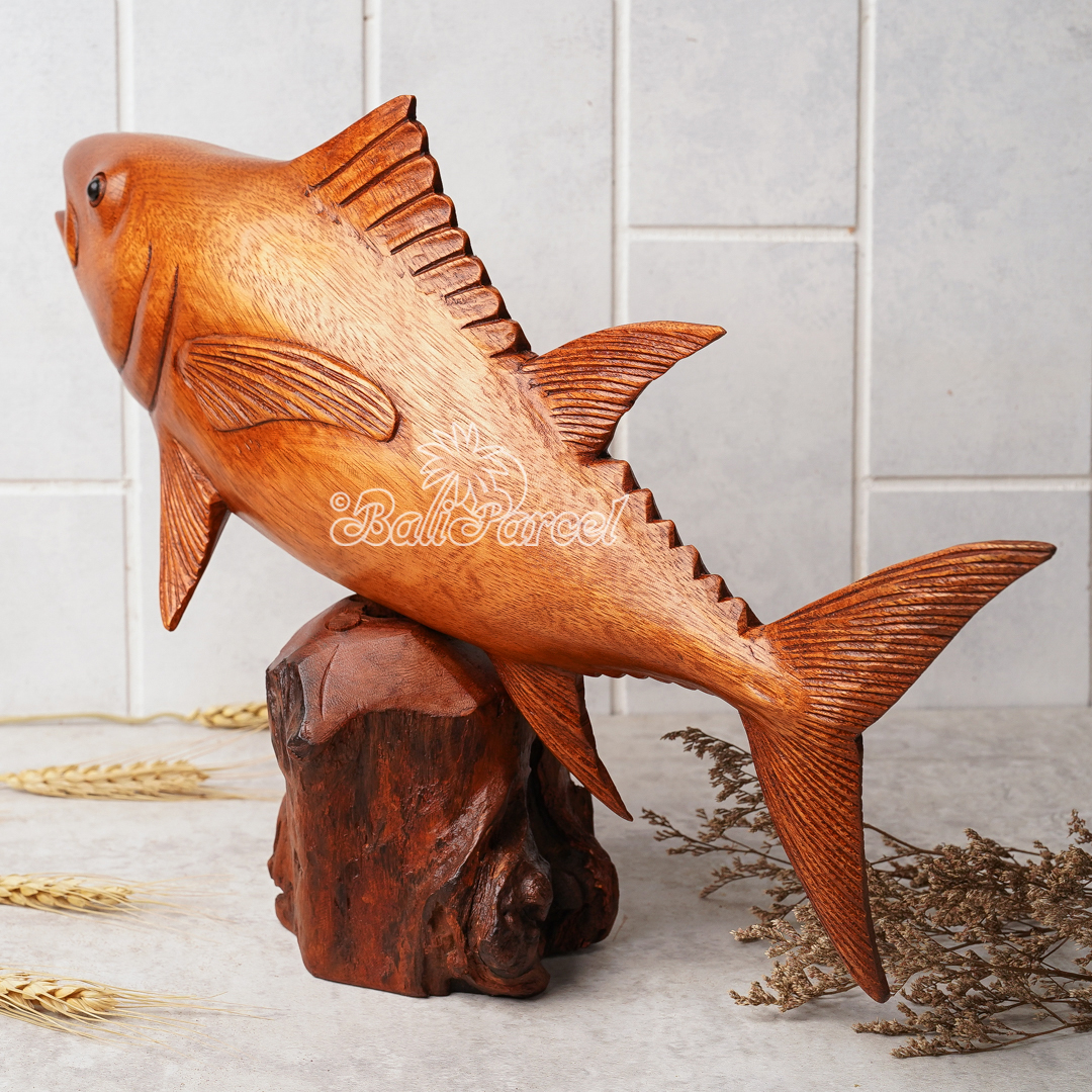 Wooden Tuna Fish With Stand, Handcarved From Suar Wood