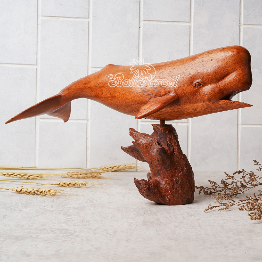 Wooden Sperm Whale With Stand, Handcarved From Suar Wood