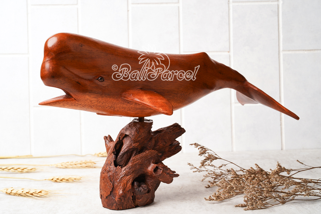Wooden Sperm Whale With Stand, Handcarved From Suar Wood