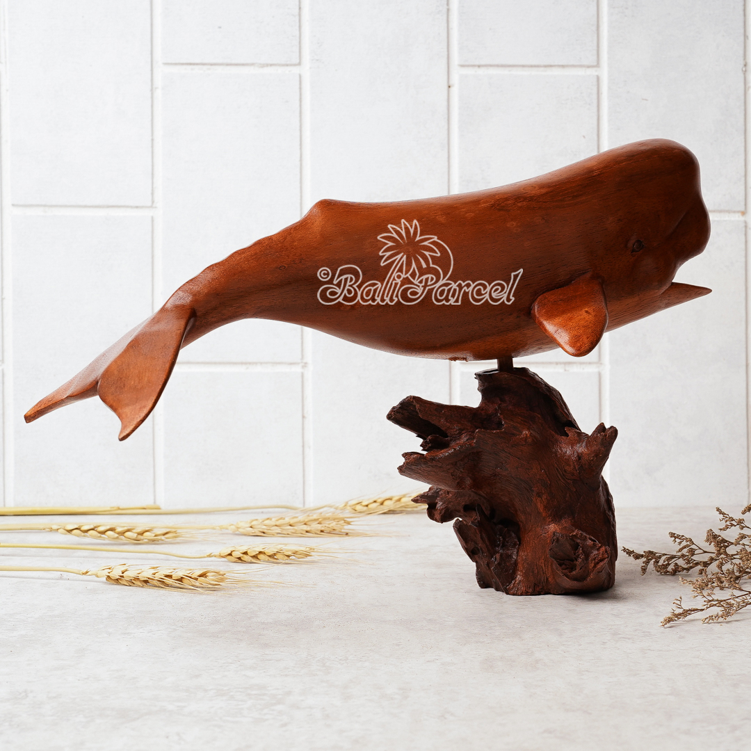 Wooden Sperm Whale With Stand, Handcarved From Suar Wood