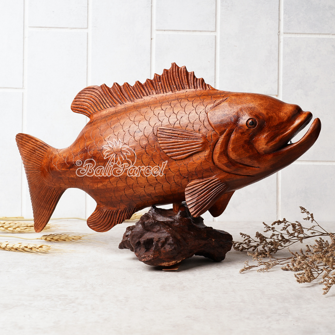 Wooden Bass Fish With Stand, Handcarved From Suar Wood
