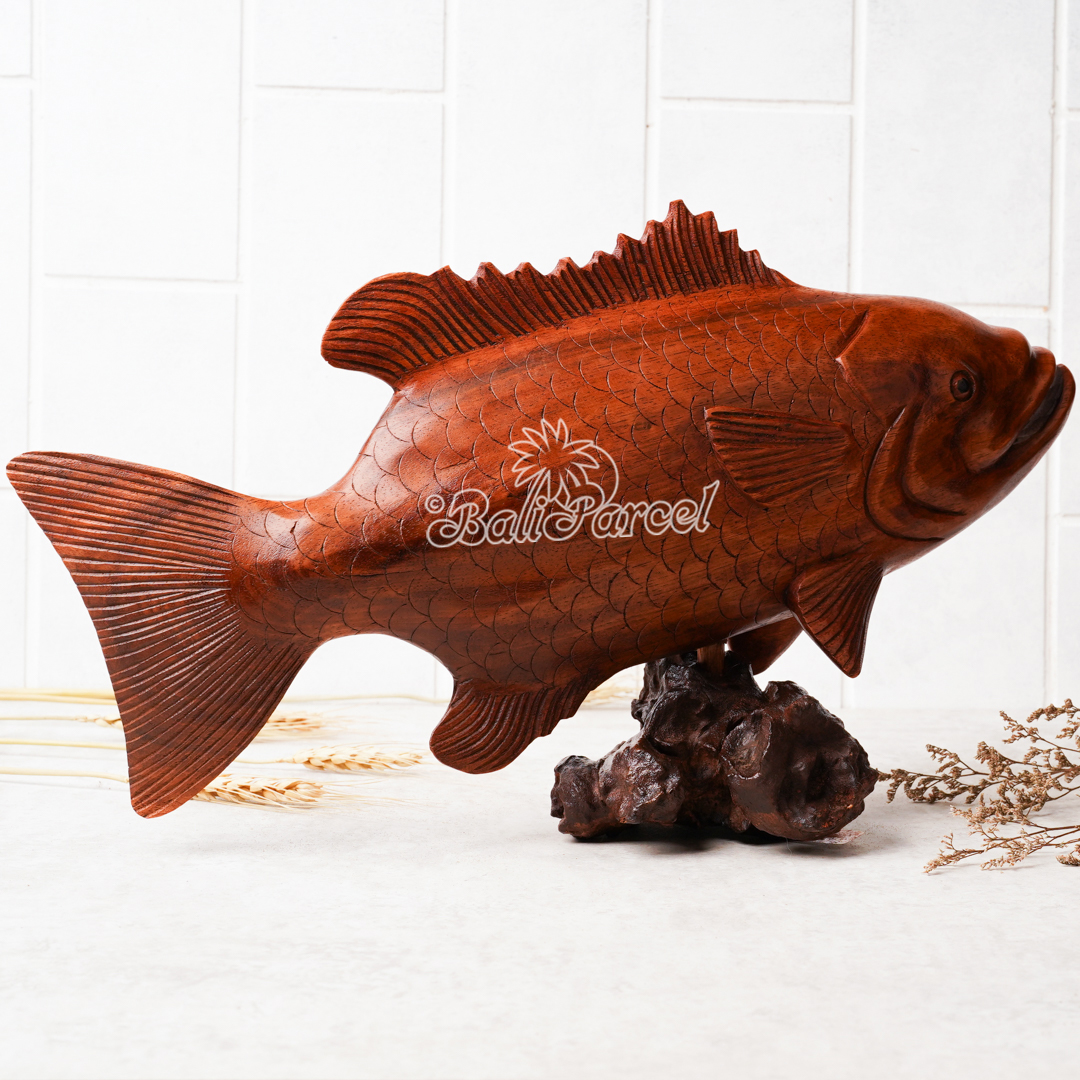 Wooden Bass Fish With Stand, Handcarved From Suar Wood