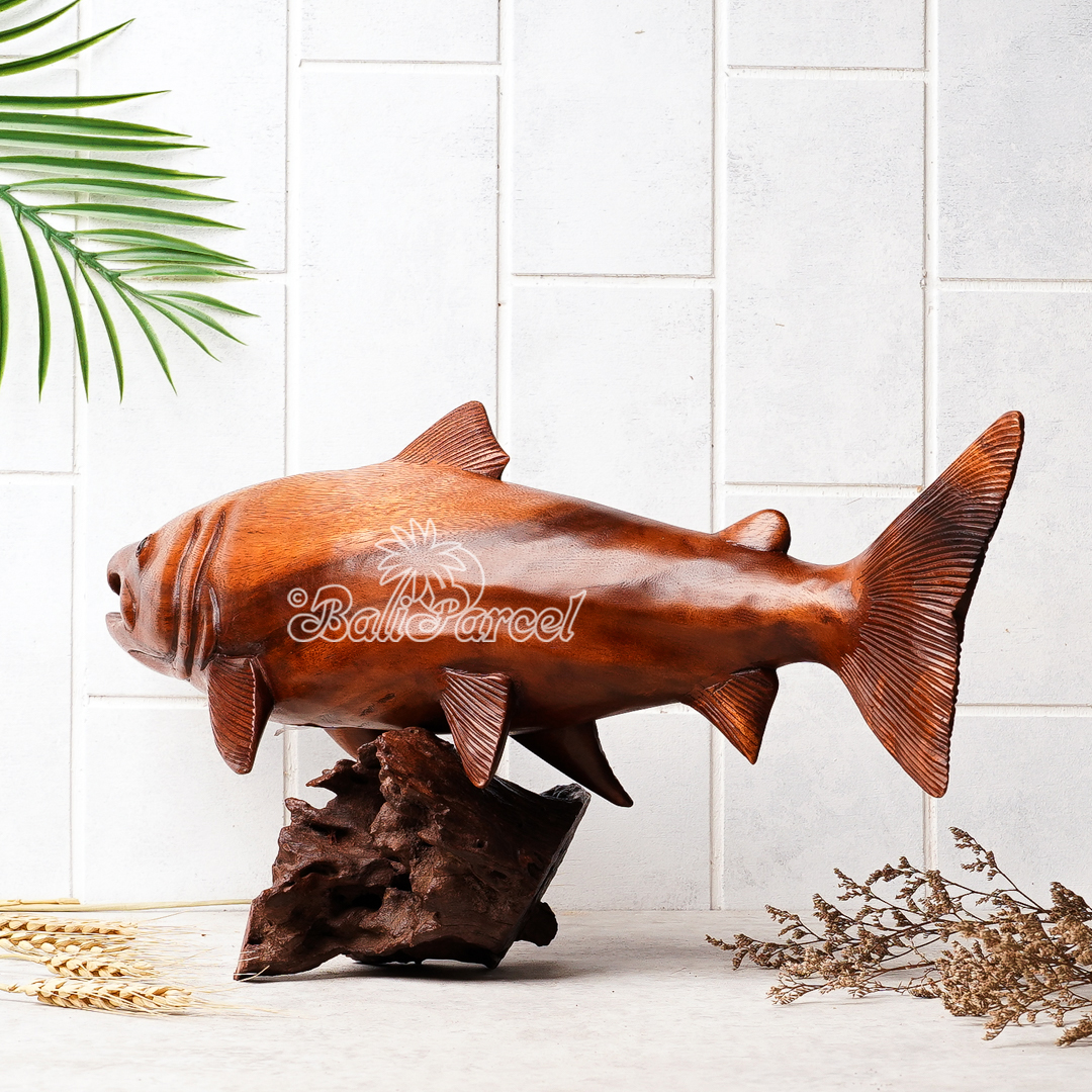 Wooden Fish With Stand, Handcarved From Suar Wood
